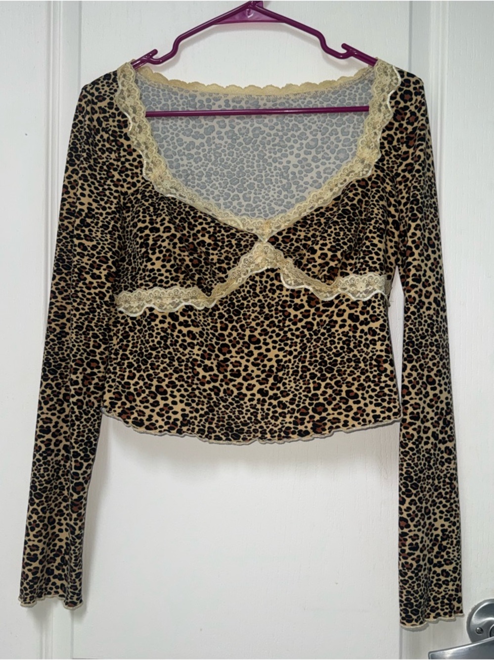 Leopard Print Long-Sleeve Lace Trim Top - Beige/Black